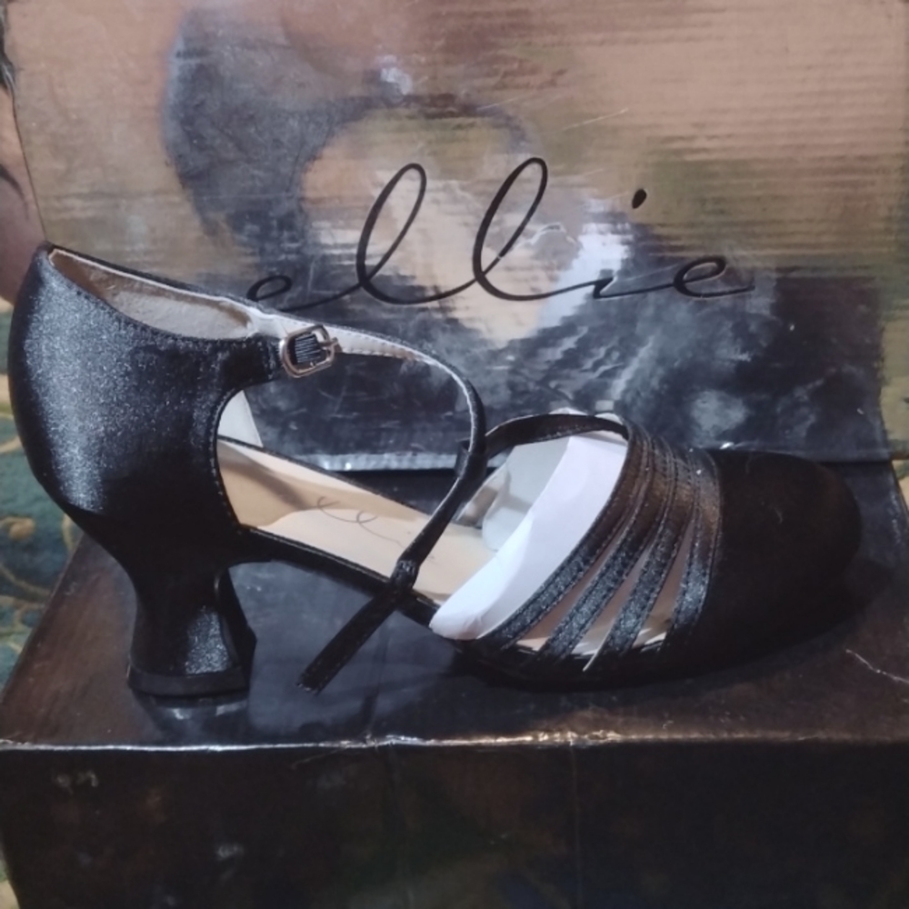 NEW Ellie Black Satin Dance Heel Shoe, women's size 7